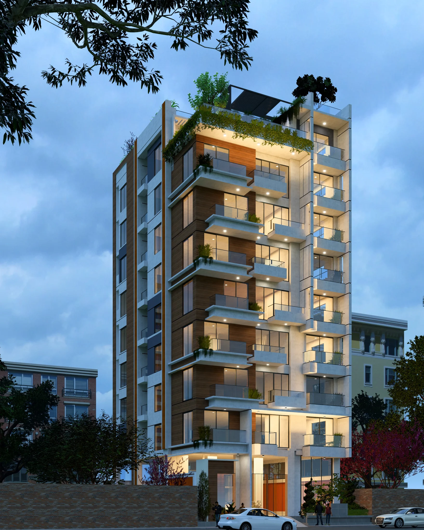 Aster Apartment angled evening view