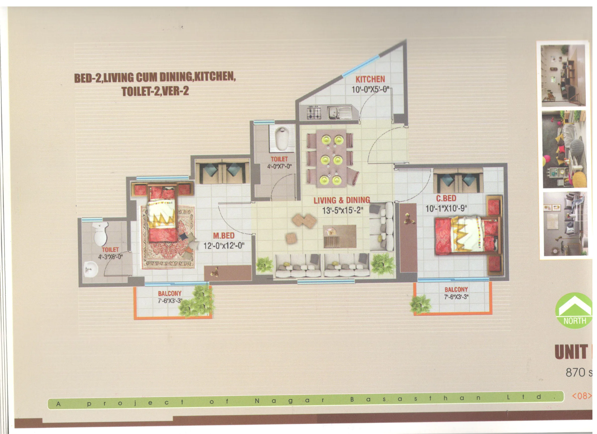 Hosna Taj Unit B 870 sq ft plan