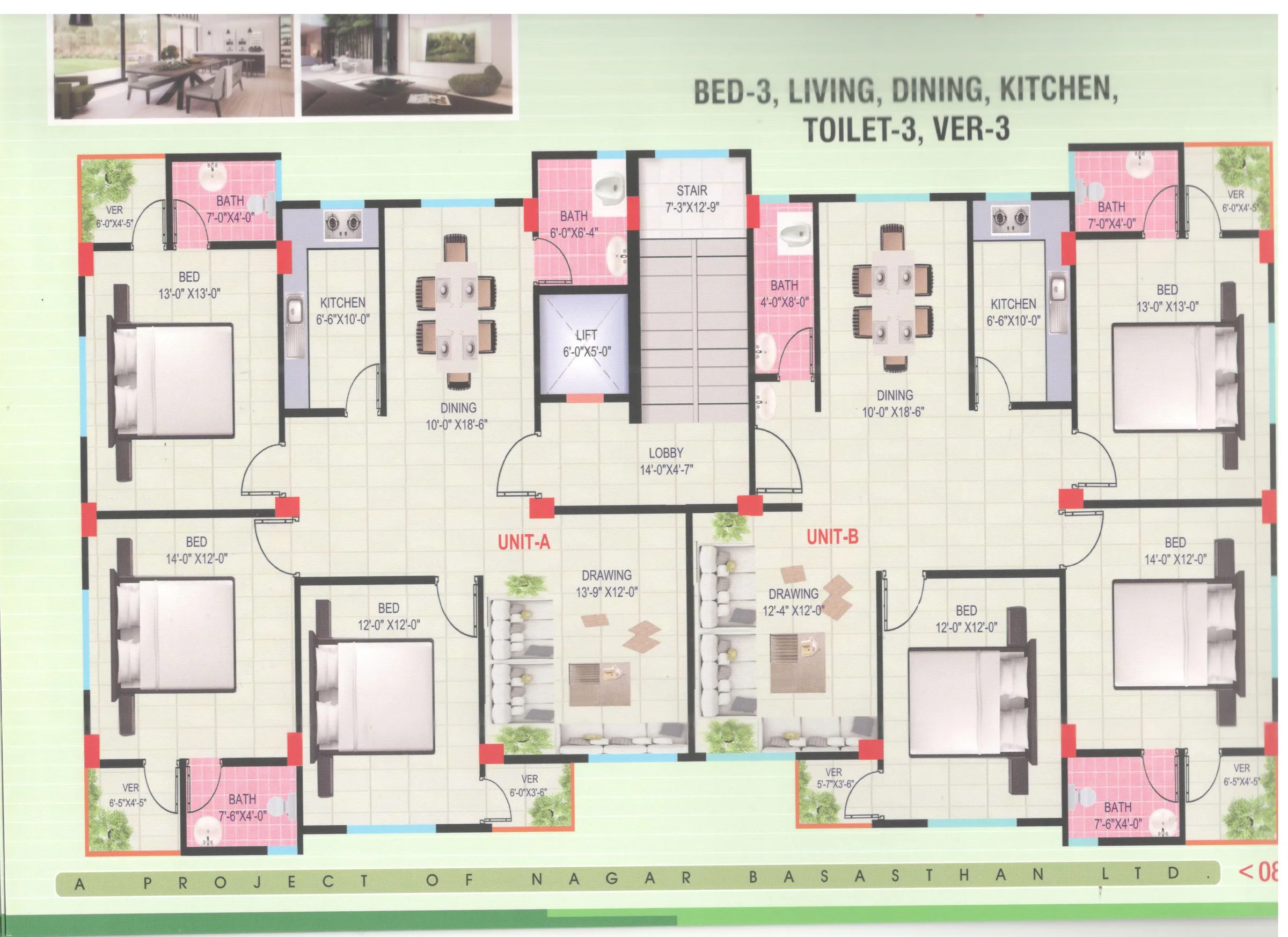 Lake View typical-floor plan with Unit A and Unit B